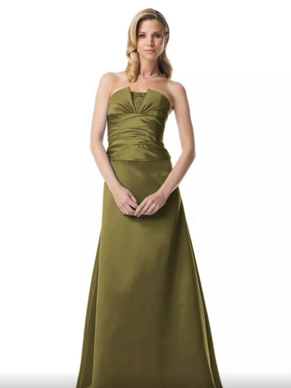 David's Bridal Olive Green Strapless A-Line Gown